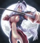 1girl ao_usagi arrow blue_eyes bow_(weapon) braid breasts center_opening erect_nipples female foreshortening full_moon hair_between_eyes hat impossible_clothes impossible_clothing kamen_rider kamen_rider_w large_breasts long_hair moon navel night nipple_slip nipples no_bra no_panties nude nurse_cap open_clothes pubic_hair revealing_clothes silver_hair solo touhou uncensored very_long_hair weapon yagokoro_eirin