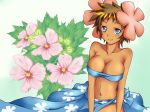  1girl arm arms art babe bare_arms bare_shoulders big_breasts black_hair blue_eyes blue_sarong blue_tubetop blush breasts brown_hair cleavage collarbone creatures_(company) dark-skinned_female dark_skin elite_four elite_four_(hoenn_region) floral_background floral_print flower fuyou_(pokemon) game_freak ghost_type_trainer hair_flower hair_ornament humans_of_pokemon ichimu_(1727) looking_at_viewer midriff navel neck nintendo phoebe_(pokemon) plant pokemon pokemon_(anime) pokemon_(game) pokemon_omega_ruby_&amp;_alpha_sapphire pokemon_oras pokemon_rse pokemon_ruby_sapphire_&amp;_emerald porkyman sarong short_hair smile strapless tubetop 