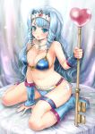 1girl aqua_eyes armor bandage bandages bare_shoulders bikini_armor blue_hair blush boots breasts cleavage drill_hair key lock long_hair martel_(artist) navel open_mouth original rubber_boots sitting solo thigh_strap twin_drills twintails wariza