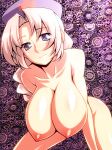 1girl blue_eyes breasts female hat huge_breasts leaning_forward long_hair nipples nude silver_hair smile solo touhou tro yagokoro_eirin