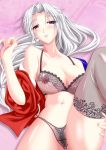 1girl black_bra black_legwear black_panties black_thong blush bra breasts female legwear lingerie long_hair mismatched_pubic_hair nail_polish navel nipples panties pubic_hair see-through silver_hair solo suzuki_sakura thighhighs touhou underwear yagokoro_eirin