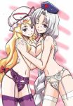 2girls blonde_hair blue_eyes braid breast_press breasts female garter_belt hat hug lingerie long_hair mukai multiple_girls one_eye_closed panties panties_only purple_eyes purple_panties ribbon silver_hair smile symmetrical_docking thighhighs topless touhou underwear underwear_only very_long_hair white_panties wink yagokoro_eirin yakumo_yukari yuri