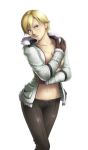 1girl adult blonde_hair blue_eyes blush breast_press breasts coat covering deep_rising female gloves highres large_breasts legs looking_at_viewer navel no_bra pussy resident_evil resident_evil_6 sherry_birkin short_hair simple_background solo standing thighs thor_(deep_rising) white_background