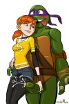 april_o'neil big_penis clothed clothing crossed_eyes cum donatello donotello erection female handjob hetero human male orgasm penis plain_background reptile scalie semen smile stickymon teenage_mutant_ninja_turtles turtle white_background