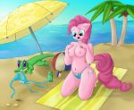  2012 ball beach blue_eyes duo equine female friendship_is_magic green_body gummy gummy_(mlp) hair horse kneeling ms-seven0 my_little_pony palm_tree panties pink_fur pink_hair pinkie_pie pinkie_pie_(mlp) pony seaside smile umbrella underwear water 