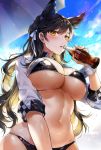 1girl animal_ear_fluff animal_ears arms_under_breasts atago_(azur_lane) azur_lane bangs bikini black_bikini blue_sky blush bottle breasts brown_eyes brown_hair cleavage clouds cola day groin hair_ribbon holding holding_bottle large_breasts long_hair long_sleeves looking_at_viewer mole mole_under_eye navel open_mouth outside race_queen ribbon shrug_(clothing) sidelocks skindentation sky smile sparkle stomach swimsuit wet