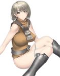 1girl ashley_graham belt biohazard blonde_hair blush bob_cut boots bottomless breasts erect_nipples kansuke legs orange_shirt panties panty_pull resident_evil resident_evil_4 shirt sitting sleeveless sleeveless_turtleneck solo sweater thighs turtleneck underwear white_panties