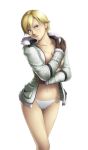 1girl adult blonde_hair blue_eyes blush breast_press breasts coat covering deep_rising female gloves highres large_breasts legs looking_at_viewer navel no_bra no_pants panties pussy resident_evil resident_evil_6 sherry_birkin short_hair simple_background solo standing thighs thong thor_(deep_rising) underwear white_background