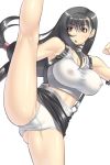 1girl black_hair breasts cameltoe erect_nipples final_fantasy final_fantasy_vii high_kick kansuke kick kicking large_breasts legs long_hair low-tied_long_hair miniskirt nipples panties pantyshot raised_leg red_eyes see-through skirt solo suspender_skirt suspenders thighs tifa_lockhart underwear upskirt white_panties