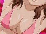 1girl akahori_gedou_hour_rabuge animated animated_gif big_breasts bikini bikini_top bounce bouncing_breasts breasts brown_hair cleavage close-up gif head_out_of_frame hokke_otone large_breasts long_hair lowres otone_hokke screen_capture screencap smile solo string_bikini swimsuit wavy_hair