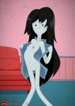 adventure_time blush breasts hairless_pussy long_hair marceline mr._j mr._j_(artist) nipples open_shirt pale_skin pubic_hair pussy small_breasts smile solo undressing vampire