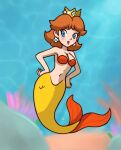  1girl blue_eyes blush breasts brown_hair cleavage clothed clothing crown ear_piercing eyebrows eyelashes female fish_tail full-length_portrait hair hands_on_hips headgear lips marine mario_(series) merfolk mythology nintendo piercing portrait princess_daisy royalty solo split_form super_mario_land underwater unknown_artist water 