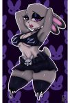 1girl 1girl 2018 alternate_costume anthro bottomwear breasts buckteeth choker cleavage clothed clothing collar digital_media_(artwork) dipstick_ears disney ear_piercing ears_down facial_piercing fur furry goth grey_fur half-closed_eyes high_res jewelry judy_hopps lagomorph legwear leporid lip_piercing looking_at_viewer mammal midriff multicolored_ears navel necklace pattern_background piercing pivoted_ears pose purple_eyes rabbit raised_arm seductive short_stack simple_background skimpy skirt spiked_collar spikes stockings teeth thick_thighs under_boob zombieray10 zootopia