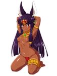 1girl :p animal_ears anklet anubis armpits arms_up black_hair blush breasts dark_skin egyptian egyptian_mythology eyeshadow flat_chest high_res highres jewelry long_hair lots_of_jewelry makeup nipples original purple_hair queen_anubis red_eyes seiza simple_background sitting small_breasts solo thick_thighs thighs tongue tongue_out topless white_background yoohi