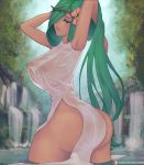 1girl armpit big_breasts breasts female female_human female_only green_eyes green_hair hair_over_one_eye human long_hair looking_at_viewer mallow mallow_(pokemon) mostly_nude no_bra no_panties pokemon see-through see-through_clothes solo standing standing_in_water transparent_clothing