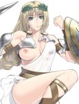 1girl alluring armor bikini_armor blonde_hair braid breasts censored circlet exposed_breast green_eyes kansuke lactation long_hair milf milk namco no_panties panties pantyshot see-through shield silf skindentation solo sophitia_alexandra soul_calibur soul_calibur_ii soul_calibur_iii soulcalibur sword underwear weapon white_background wreath