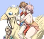 1girl 2boys ? beard blonde_hair blue_eyes blush bracelet breast_press breasts brown_hair butz_klauser cape chocobo couple dress facial_hair female final_fantasy final_fantasy_v galuf_halm_baldesion gigantic_breasts green_eyes hug huge_breasts hugging jewelry kloah lenna_charlotte_tycoon male multiple_boys orange_dress orange_skirt pink_hair riding short_hair sideboob skirt thick_thighs thighs wristband