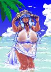 1girl areolae bare_shoulders beach blue_hair bracelet breasts choker curvy dress erect_nipples female gigantic_breasts hat jewelry large_areolae long_hair mound_of_venus nipples ocean open_mouth orange_eyes outdoors outside see-through solo standing summer sundress tatara thighs water wavy_hair wet wide_hips