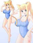 1girl :3 animal_ears animal_tail barefoot blonde_hair blue_eyes breasts cat_ears cat_tail cleavage feet framboosi hands large_breasts metroid nail_polish neko nintendo one-piece_swimsuit ponytail samus_aran smile solo swimsuit tail v zoom_layer