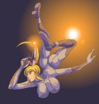 1girl backflip blonde_hair blue_eyes bodysuit breasts erect_nipples gun hanging_breasts hataraki_ari huge_breasts legs lens_flare long_hair long_legs metroid nintendo ponytail samus_aran solo super_smash_bros. thighs weapon zero_suit