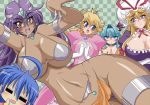 5girls =_= blue_eyes blue_hair breasts brown_eyes capcom chunsoft dark_skin dragon_quest dragon_quest_iv enix female great_magami green_hair hips huge_breasts izumi_konata jewelry loincloth lots_of_jewelry lucky_star manya mario_(series) midriff morrigan_aensland multiple_girls nintendo open_mouth princess_peach purple_eyes purple_hair super_mario_bros. thighs touhou vampire_(game) wide_hips yakumo_yukari