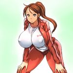 1girl bent_over black_eyes breasts brown_hair erect_nipples female green_background gym_uniform hataraki_ari huge_breasts long_hair pants ponytail ponytails shirt simple_background solo standing