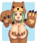  1girl :3 animal_costume bear bear_costume breasts brown_eyes cleavage cosplay female fur green_hair hanging_breasts homura homura_(haku89) huge_breasts kuma original panties pasties pedobear solo tareme thigh_gap thighs yellow_eyes 