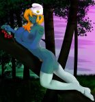  ass big_breasts blonde_hair blue_skin breasts clothing daisy_(flower) female flower food fruit green_eyes hair hat headgear headwear huge_breasts humanoid legwear nipples not_furry outside phrygian_cap plant pubes smile smurf smurf_berry smurfette solo stockings tattoo the_smurfs tree unknown_artist wood 