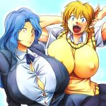 2girls :d blonde_hair blue_eyes blue_hair breasts bursting_breasts erect_nipples fangs female fingernails hair hataraki_ari huge_breasts long_hair monster_girl multiple_girls open_mouth pointy_ears short_hair sitting smile straining_buttons yellow_eyes