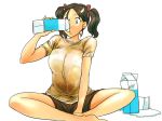  1girl big_breasts black_hair breast_expansion breasts carton cow_girl cow_girl_(hataraki) drinking hataraki_ari horns large_breasts milk shorts simple_background solo white_background yellow_eyes 