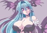 aqua_hair bare_shoulders bat_wings big_breasts blush breasts capcom choker demon_girl detached_sleeves earrings elbow_gloves gloves great_magami head_wings headwings jewelry large_breasts leotard morrigan_aensland oekaki purple_eyes shadow succubus vampire_(game) violet_eyes wings