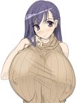 bare_shoulders blush breasts erect_nipples gigantic_breasts hand_on_neck huge_breasts kloah pink_eyes purple_hair simple_background solo sweater white_background