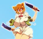 1girl animal_ears blush bottomless breast_grab breasts brown_hair cat_ears dress_shirt grabbing hataraki_ari hips huge_breasts knife mouse original rat shirt short_hair slit_pupils solo wide_hips