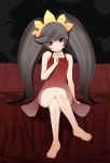  1girl ashley ashley_(warioware) bare_shoulders barefoot black_hair chemical-x crossed_legs feet female_only finger_to_mouth legs_crossed long_hair made_in_wario navel nintendo red_eyes see-through shushing sitting solo twin_tails twintails very_long_hair warioware 