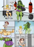 ass big_breasts blonde_hair blue_eyes breasts brown_eyes cleavage comic crossover dc freckles glassfish green_eyes green_hair green_skin jennifer_walters long_hair marvel muscle power_girl she-hulk shiny shiny_skin short_hair smile sweat water wet