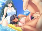 1boy 2girls angry beach bikini breasts censored cum cum_on_body cum_on_breasts cum_on_clothes cum_on_hair cum_on_upper_body cumshot facial glasses hair ishii_akira kimomen_demo_kyokon_nara_mizugi_gal_to_ria_juu_na_natsu_ga_sugoseru! large_breasts long_hair miel miel_(company) multiple_girls nipples penis pussy sex short_hair swimsuit tan tan_line tanline water