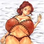 1girl bed bra breasts brown_hair brown_panties curvy female gigantic_breasts hataraki_ari hips huge_nipples lingerie lowres lying mound_of_venus navel nipples panties puffy_nipples red_eyes see-through solo underwear wide_hips