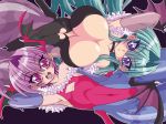 2girls :o armpits arms_behind arms_behind_back bat_print bat_wings bodysuit breasts capcom choker cleavage curvy demon_girl elbow_gloves flat_chest gloves great_magami green_hair hair head_wings headwings high_res highres huge_breasts laugh laughing lilith_aensland long_hair morrigan_aensland multiple_girls navel pantyhose perfection print_legwear purple_eyes purple_hair short_hair small_breasts succubus vampire_(game) violet_eyes wings