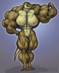  2012 abs biceps big_breasts breasts dinosaur female flexing furry hyper_muscles muscle muscles muscular_female nipples nude pussy reptile scalie smile t-rex thematelija tyrannosaurus_rex veins 