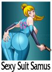 ass blonde_hair bodysuit falcon-creative fat_mons gun isreal_g._falcon metroid nintendo samus_aran watermark weapon zero_suit