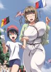  1boy 1girl age_difference american_flag baseball_cap black_hair blue_eyes blush bouncing_breasts breasts brown_hair bursting_breasts card cardigan cleavage closed_eyes crowd danish_flag dress faceless flag german_flag glasses green_eyes gym_shorts gym_uniform hair hand_holding hat headgear highres hime_cut holding_hands huge_breasts kloah milf mole mole_under_eye nail_polish no_bra onlookers open_mouth original outdoors pointing running russian_flag saliva short_hair short_twintails shorts sitting sitting_on_shoulder sitting_on_shoulders straining_buttons teacher_and_student text tongue translation_request tree twin_tails twintails union_jack 