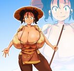 1girl apron black_hair breasts cow_girl cow_girl_(hataraki) gigantic_breasts hat hataraki_ari horns solo straw_hat yellow_eyes