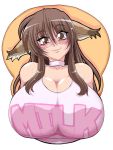  1girl animal_ears big_breasts blush breast_mousepad breasts brown_eyes brown_hair bust cat_ears choker glasses great_magami gureeto_majin huge_breasts large_breasts long_hair mousepad original smile solo sweat upper_body yakibuta_(shimapow) 