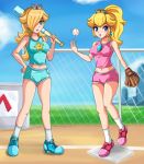 2_girls alluring ball baseball baseball_bat blonde_hair blue_eyes breasts crown earrings female_only green_eyes hair hair_over_one_eye hand_on_hips long_hair midriff multiple_girls navel nintendo open_mouth ponytail princess_peach princess_rosalina rosalina shorts sigurd_hosenfeld sigurdhosenfeld smile super_mario_bros. super_mario_galaxy