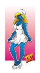 15hen blonde_hair blue_skin breasts smurfette the_smurfs white_dress