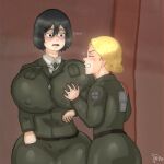 2_girls attack_on_titan black_hair blonde_hair christa_renz embarrassed gigantic_ass gigantic_breasts historia_reiss hourglass_figure mikasa_ackerman naughty_face theodyss you_gonna_get_raped yuri