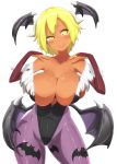  1girl arunica_(toudori) bare_shoulders bat_print blonde_hair breasts bridal_gauntlets capcom cleavage cosplay dark_skin demon_wings ganguro hazel_eyes head_wings horns huge_breasts low_wings morrigan_aensland morrigan_aensland_(cosplay) original pantyhose patterned_legwear print_legwear print_pantyhose raised_eyebrow short_hair simple_background smile solo toudori uneven_eyes vampire_(game) white_background wings yellow_eyes 