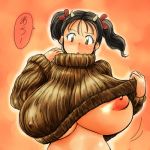 1girl black_hair breasts cow_girl cow_girl_(hataraki) female hataraki_ari horns huge_breasts lowres nipple_slip nipples no_bra original puffy_nipples shirt_lift short_hair solo standing sweat sweater text translated twin_tails twintails underboob upper_body yellow_eyes