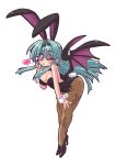 1girl animal_ears bat_print bat_wings blown_kiss blue_skin breasts bunny_ears bunnysuit capcom cleavage cleavage_cutout flying_kiss great_magami green_hair heart highres leaning_forward long_hair morrigan_aensland oekaki one_eye_closed pantyhose perfection print_legwear purple_eyes solo vampire_(game) violet_eyes wings wink