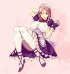 1girl apron breasts erect_nipples hataraki_ari huge_breasts legs maid maid_headdress original original_character pink_hair red_eyes ribbon short_hair solo source_request stockings thigh-highs thighhighs